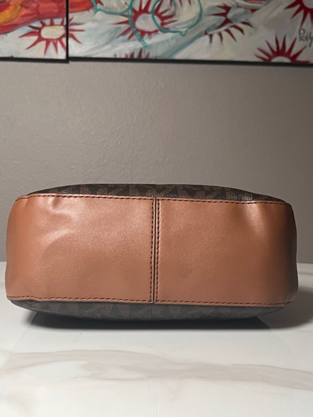 Michael Kors Signature MK Logo Shoulder Bag Brown Tan Leather - Like New - Picture 7 of 13